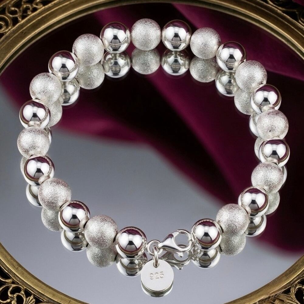 925 Stamp Silver color Bracelet 8MM Frosted beads 20CM chain unisex bracelet
